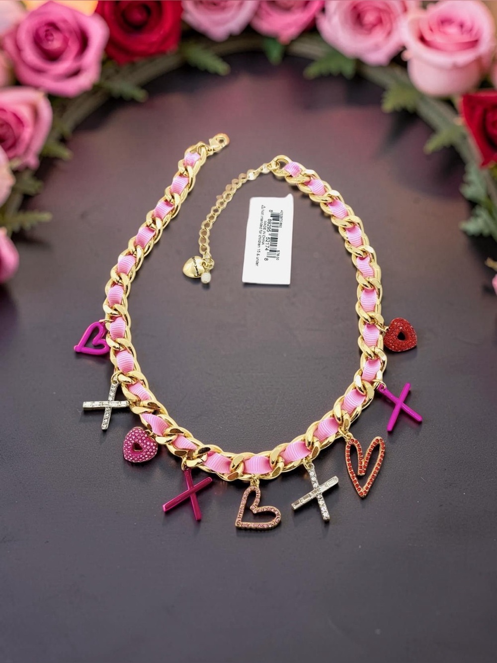 Betsey Johnson NWT Gold & Pink Heart Charm Ribbon Chain Necklace (J036)